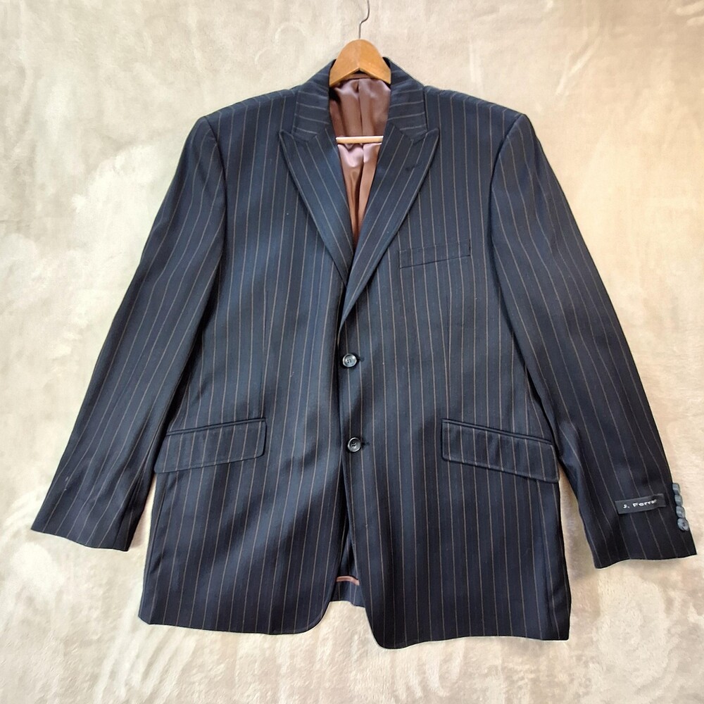 J. Ferrar Suit Jacket Mens Large Blue Poly Cotton Rayon Stripe Double Vent 2 Btn